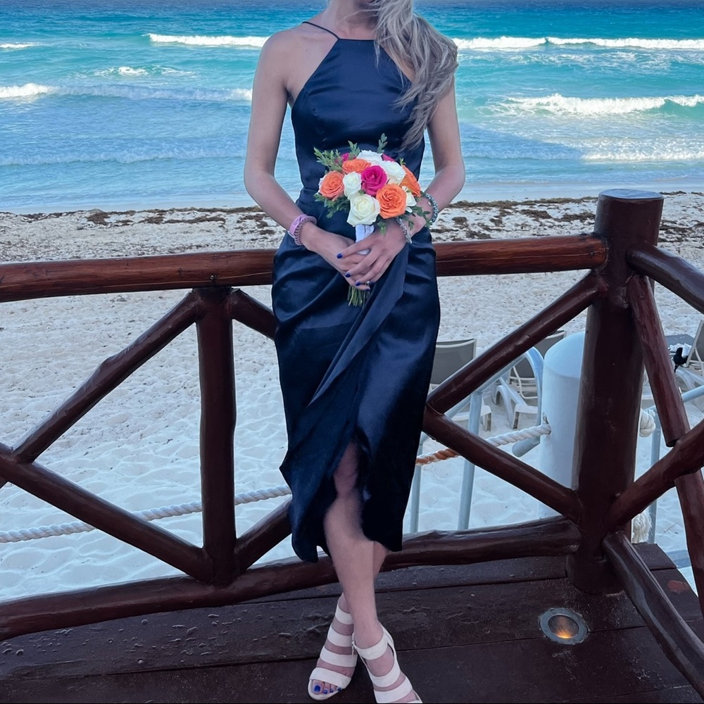AFTER SIX HALTER MIDI DRESS WITH DRAPED TULIP SKIRT IN MIDNIGHT NAVY